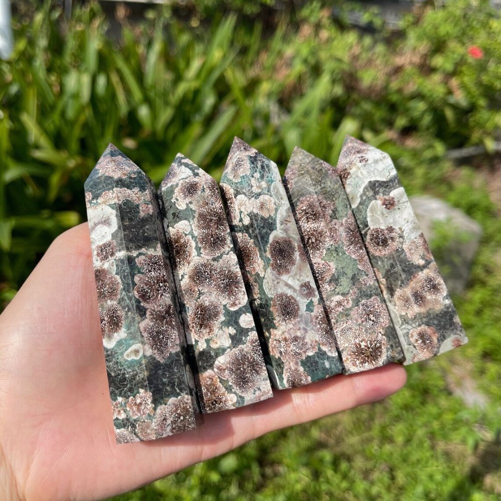 3 inch Natural Green Cherry Blossom Agate Point Obelisk Crystal Tower Decoration
